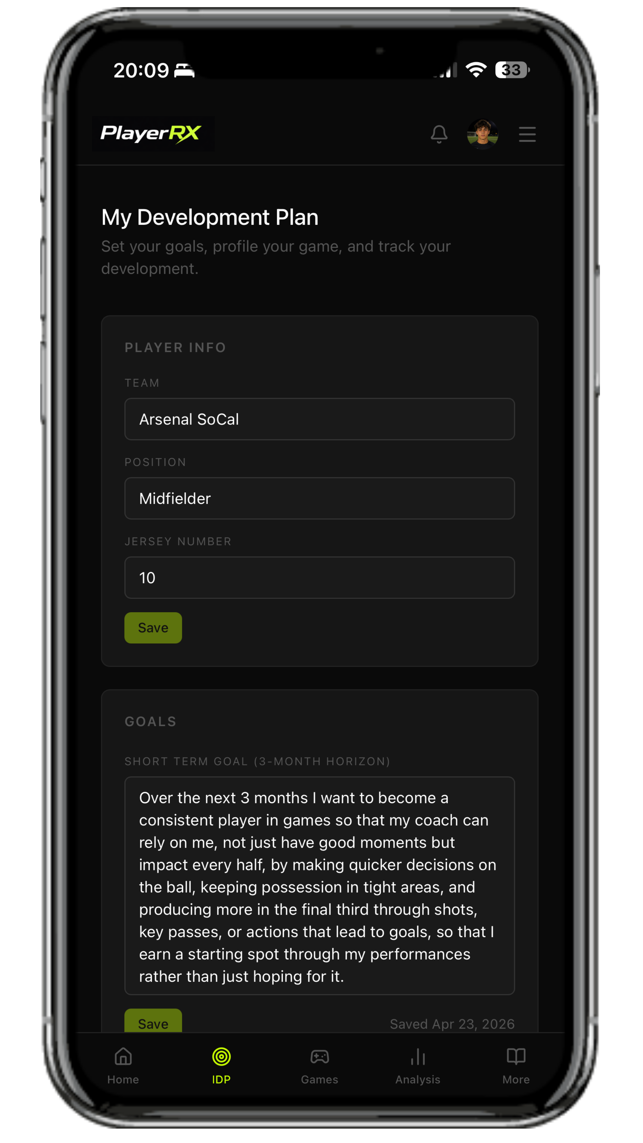 Player development plan on a phone showing goals and target areas